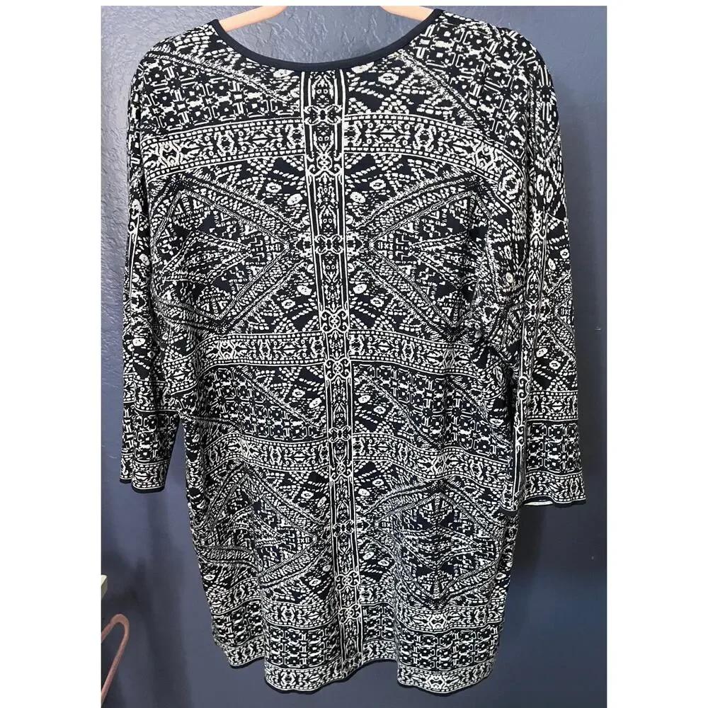 Chico’s Navy Blue White Print Cotton Open Front Cardigan 3/4 sleeve Size 2 M/L